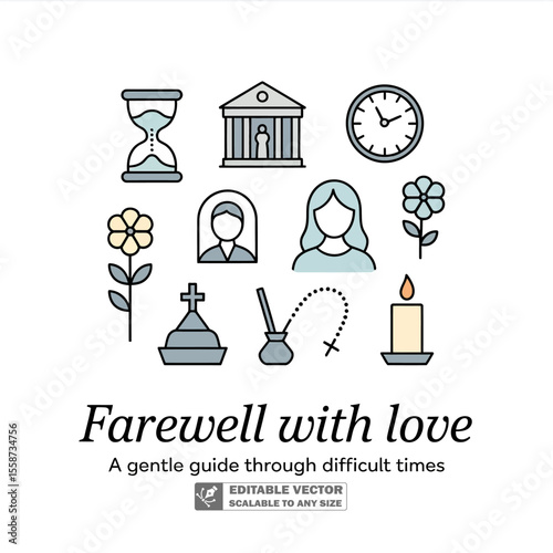 Funeral preparation elements vector illustration death memorial service remembrance grief loss concept