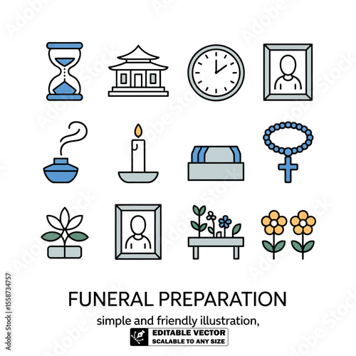 Funeral preparation elements vector illustration death memorial service remembrance grief loss concept