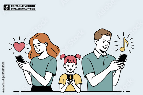 Family using smartphones with wifi connection and social media apps for communication and entertainment