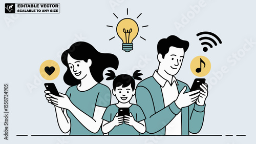 Family using smartphones with wifi connection and social media apps for communication and entertainment