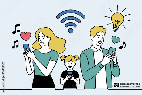 Family using smartphones with wifi connection and social media apps for communication and entertainment