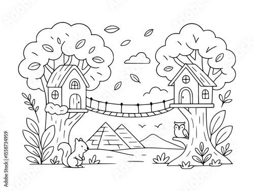 Treehouse Line Art Illustration with Forest Animals