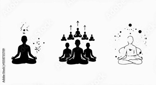 Three monochrome illustrations of people meditating, with spiritual and cosmic elements.