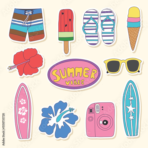 Set of hand drawn vector stickers with lettering on beige background isolate. Brightly colored Summer  Vibes illustration.