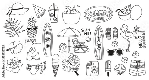 Summer hand drawn vector icon set in line art style isolated - Summer Vibes. 