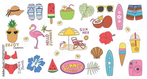 Summer exotic hand drawn vector icon set  bright and colorful - Hello Summer.