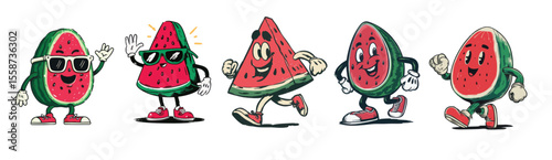 vintage retro style watermelon cartoon mascot character with expressive faces and gestures