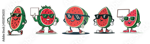 vintage retro style watermelon cartoon mascot character with expressive faces and gestures