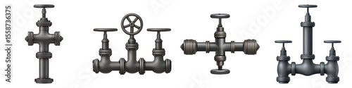 Industrial metal valve system with multiple pipe connectors and control handles for fluid regulation