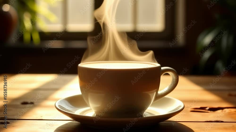 Warm steam rises from a freshly brewed cup of coffee sitting on a wooden table in a bright, sunlit setting