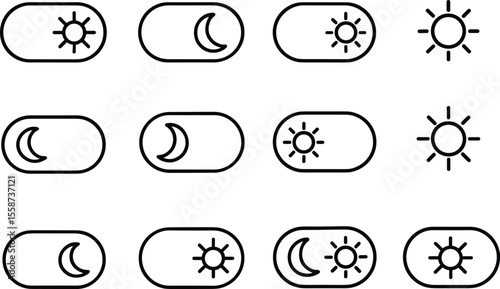 Toggle Switch Icons for Light and Dark Mode Representing Sun and Moon in a Simple Outline Style