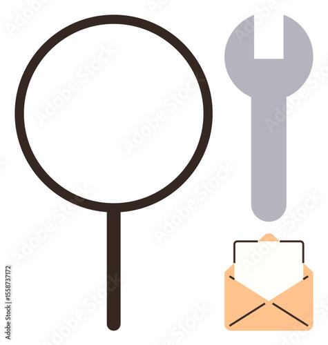 Magnifying glass, wrench, and open envelope with paper together symbolize search, problem-solving, and communication. Ideal for technology, business, repairs, email services support discovery