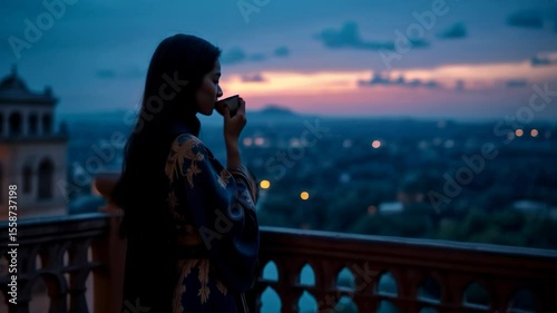 Relaxing evening with tea overlooking the city skyline during sunset