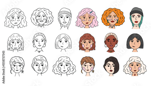 Types of female hairstyles cartoon,black,outline icons in set collection for design. Vector set of avatars of different women with different hair styles. vector illustration.