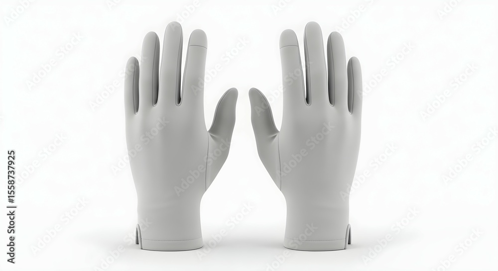 Obraz premium Two identical, light-colored gloves displayed facing forward, isolated on white.
