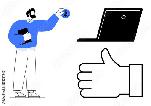 Businessman holding documents and placing a coin, next to a laptop and thumbs-up symbol. Ideal for finance, investment, digital marketing, technology, success, approval, and simple landing page