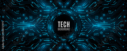 Modern technology background. Glowing blue circuit lines and electronics elements on black backdrop. Digital circuit board with electronic system for UI and GUI interface design. Vector illustration.