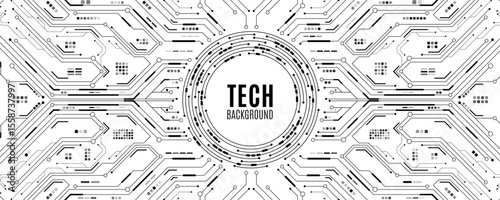Technology background featuring black circuit lines and electronics elements on white backdrop. Digital circuit board with electronic system for UI and GUI interface design. Vector illustration.