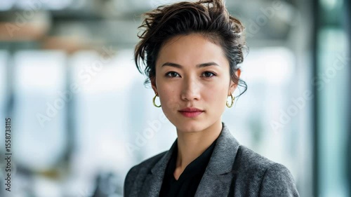Professional woman in modern office environment displaying confidence and elegance