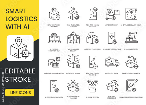 A set of vector icons representing smart logistics, delivery automation, and AI-powered tracking systems, created in line style with editable stroke