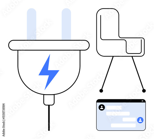 Plug with lightning icon, modern chair, and chat window emphasizing energy, digital interaction, and workspace. Ideal for technology, innovation, remote work, communication efficiency