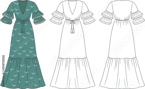 Bohemian maxi dress with bird print, layered ruffle sleeves, V-neck, tie waist, elegant summer fashion for women and vacation

 flat vector illustration