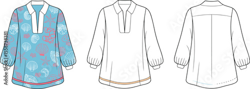 Colorful beach tunic with marine shell pattern, long puff sleeves, V-neck collar top for women, casual resort summer wear

 flat vector illustration