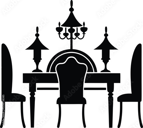 Elegant Dining Room Silhouette with Table Chairs and Lamps