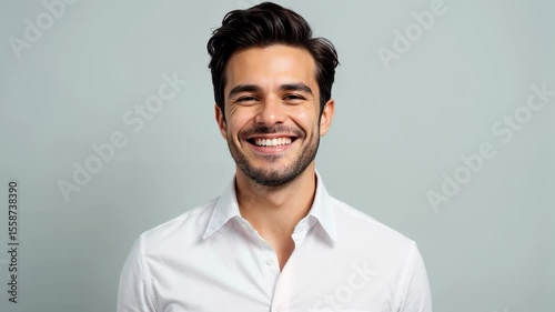 Smiling man in a white shirt stands against a gray background showcasing confidence and positivity