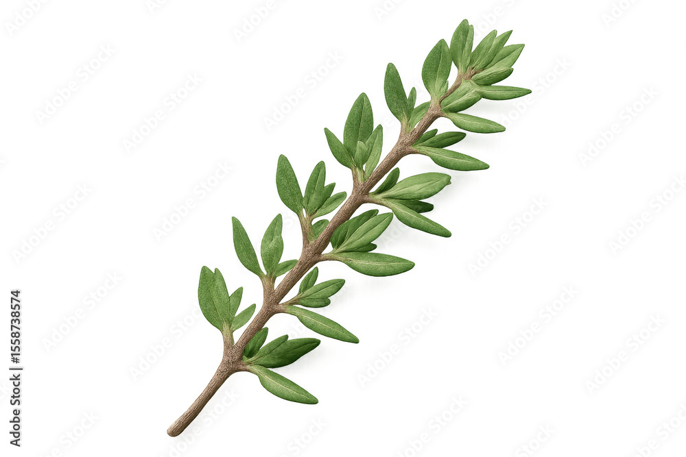 Fototapeta premium Sprig of fresh thyme with vibrant green leaves, isolated on a transparent background, ready for culinary or design projects