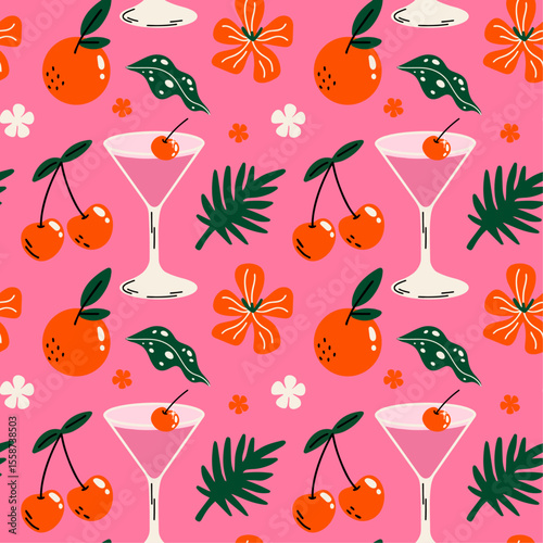 Tropical aesthetic, summer vacation vibes, holiday themed seamless vector pattern with cute groovy funky cartoon illustration of beach objects, exotic flowers, plants, alcohol cocktails menu design