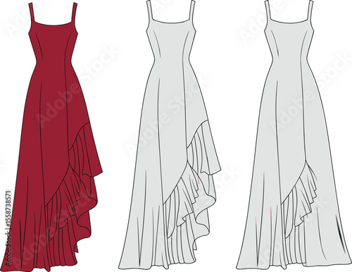 Elegant asymmetrical evening gown fashion flat sketch, ruffle detail, long formal dress technical drawing, vector template for designers

 flat vector illustration