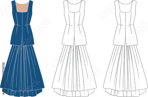  Elegant women’s sleeveless long gown dress with pleated flared skirt, modern formal fashion illustration for wedding, evening or party wear

flat vector illustration