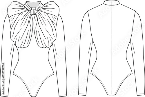 Fashion bodysuit flat sketch with large front bow detail, long sleeves, fitted silhouette, technical drawing, front and back view

 flat vector illustration