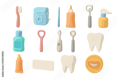Colorful dental hygiene flat icons set featuring toothpaste and toothbrush