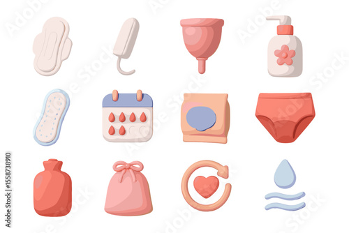 Feminine hygiene essentials: pads, menstrual cup, calendar, underwear, lotion