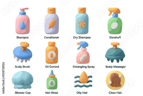 Hair care icons: shampoo, conditioner, oil control, scalp tools