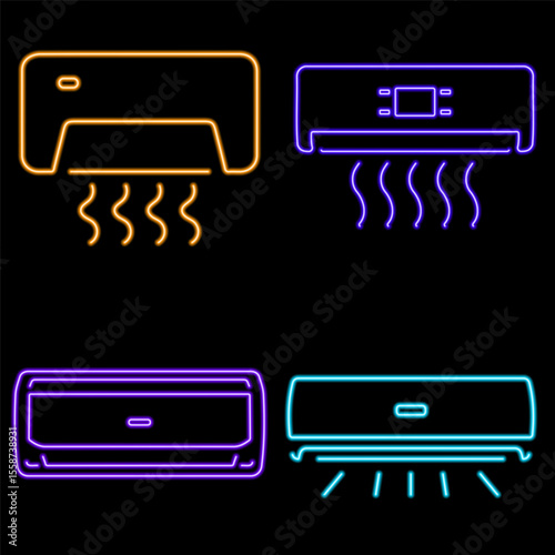 air conditioner group of neon icons, vector illustration, on a black background.