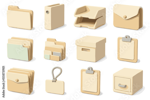 Minimalist beige office supplies icons for organization and storage