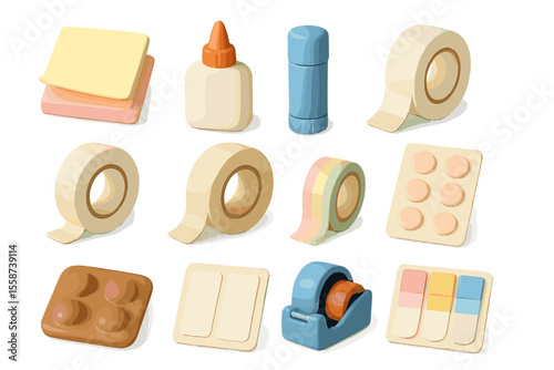 Colorful office supplies: tape, glue, sticky notes, pastel stationery set