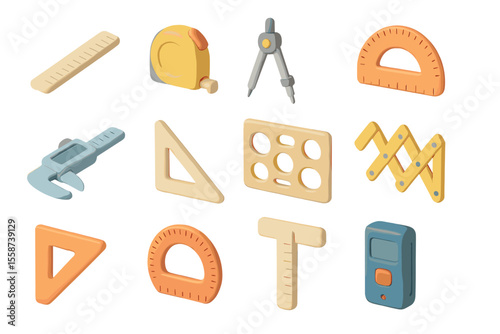 Colorful collection of 3d measuring tools with soft glow effect