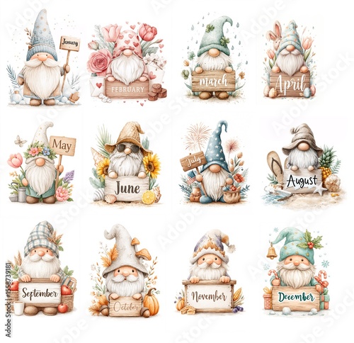 Cute Gnomes for Each Month of the Year with Seasonal Decorations and Holiday Themes