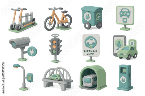 Eco-friendly urban transport icons: bicycles, cars, and charging stations