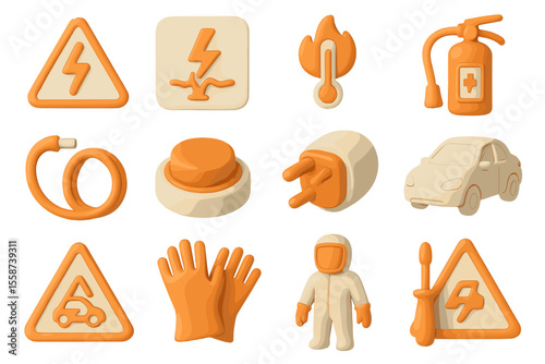 Safety icons collection featuring gloves, car, and fire extinguisher symbols