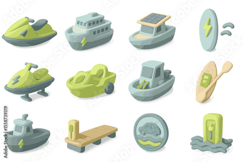 Electric and solar powered boats with eco-friendly transport icons