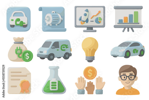 Futuristic electric vehicles and eco-friendly technology icons