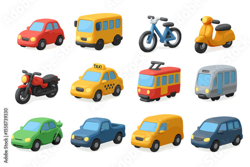 Colorful cartoon vehicles collection: cars, bikes, and buses