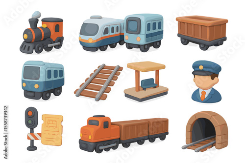 Cartoon train set with tracks, tunnel, and conductor elements