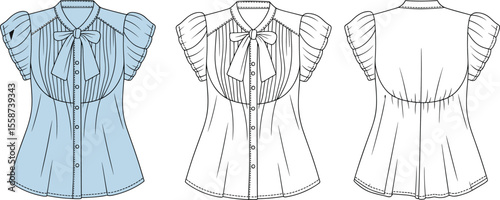 Fashion flat technical drawing of women blouse with pleated front, puff sleeves, bow necktie, front and back views included

 flat vector illustration
