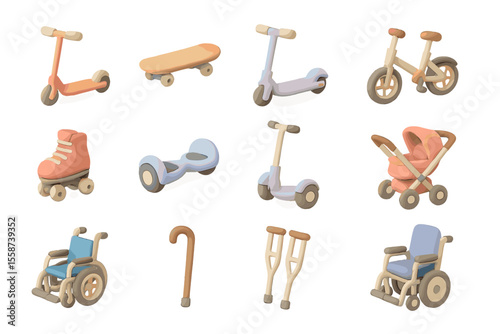 Cute 3d transportation toys: scooters, bikes, stroller, wheelchairs, crutches